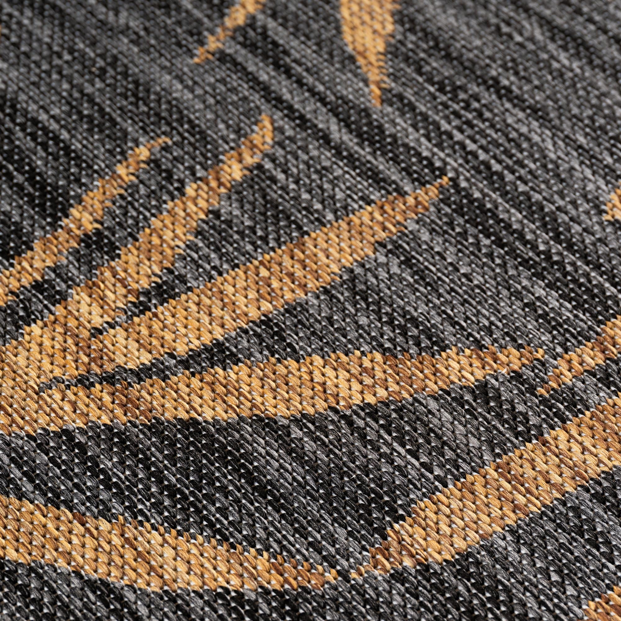 Teppium Outdoor Teppich Schwarz Natur Jute Optik Rund 160 cm Balkon Terrasse Garten Wetterfest UV-beständig Groß Palmblatt Flachgewebe Pflegeleicht Robust Modern