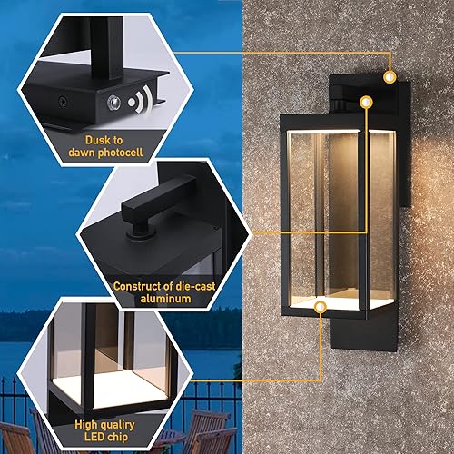 Miniatura 5 de Aplique de pared al aire libre, linterna con sensor de anochecer a amanecer, luz exterior LED negra, IP54, impermeable, clásica, lámpara de montaje