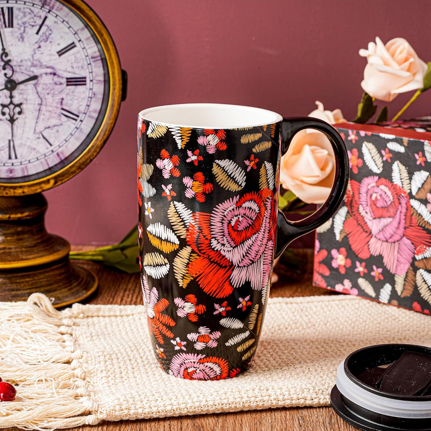 Topadorn Ceramic Coffee Mug Travel Cup Gift with Lid 17oz, Porcelain Tall Tea Cup with Handle for Home & Office, Rose Flower Art Pattern Mug in Gift Box, 6.5" H - Image 6
