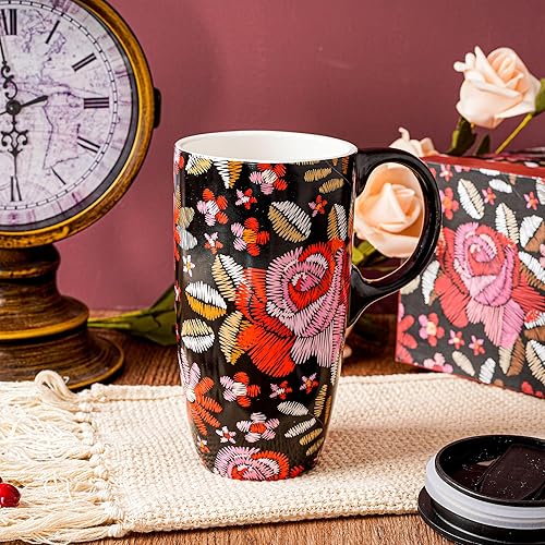 Miniatura 35 de Topadorn Taza de café de cerámica para regalo con tapa de 17 onzas, taza de té alta de porcelana con asa para el hogar y la oficina, taza
