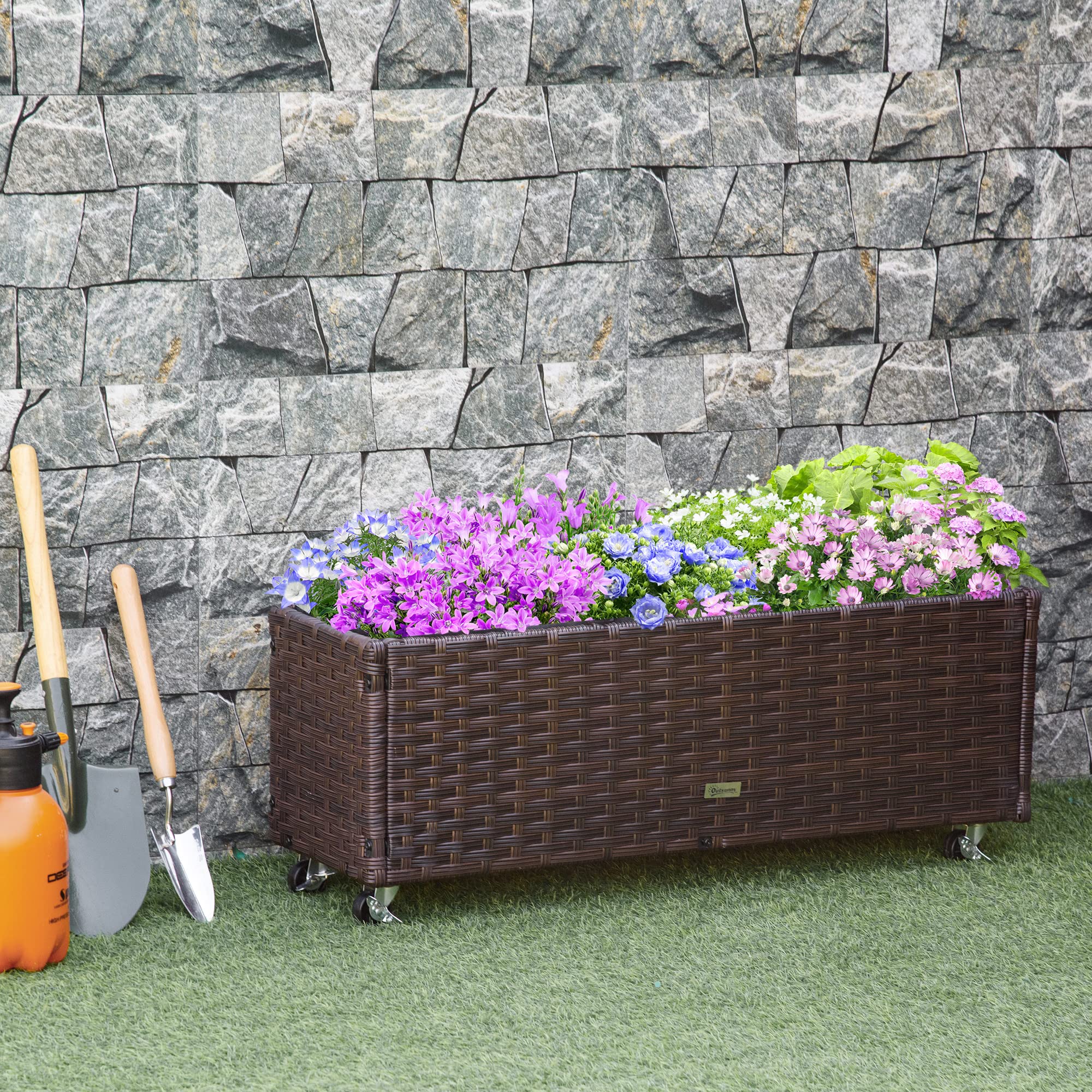 Outsunny Fioriera Rialzata, Letto per Orto in Rattan Sintetico con 4 Ruote Bloccabili, per Interni ed Esterni, 94.5x31x36cm Grigio talpa