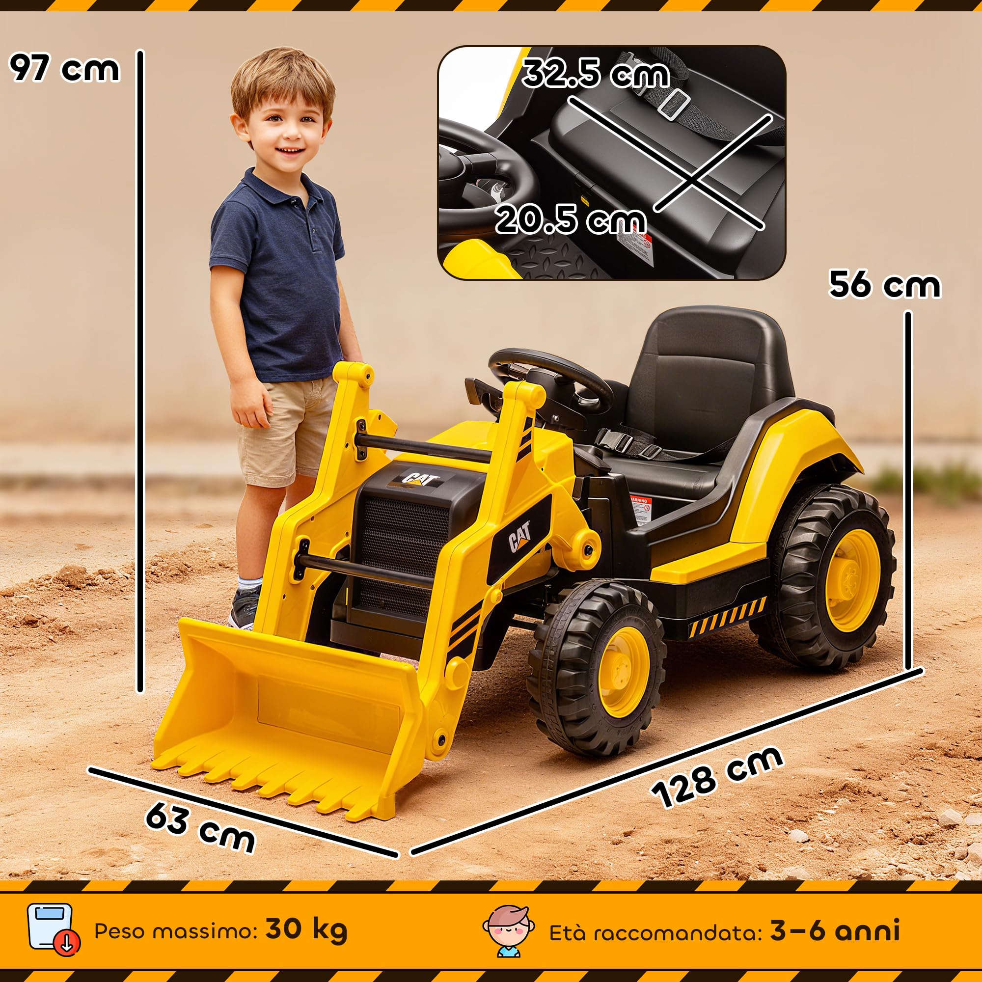 AIYAPLAY Ruspa Elettrica per Bambini 3-6Anni Licenza CAT con Benna Giallo | Macchina Elettrica Escavatore Trattore Giocattolo Cavalcabile, 12V 7AH, 2 Motori, Telecomando, Musica, Bluetooth e USB