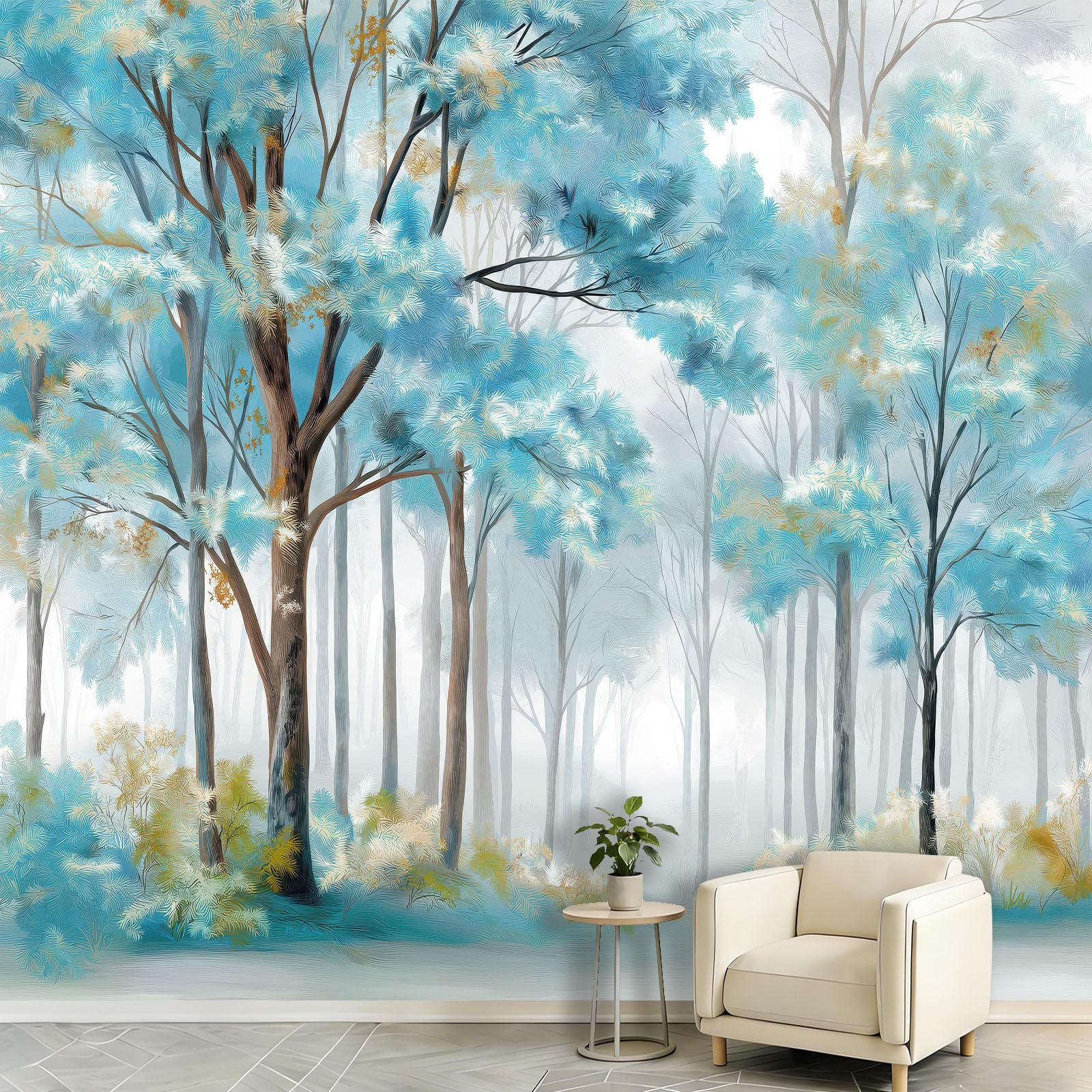Papel pintado fotográfico de niebla de árboles, 300 x 210 cm (ancho x alto) no tejido, mural de pared abstracto bosque acuarela para cocina, comedor, oficina, papel pintado decorativo