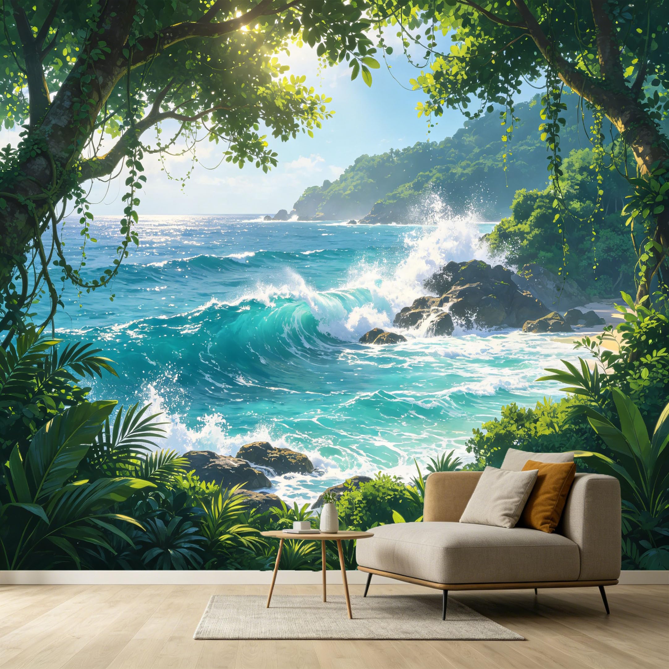 Custom Size Wall Murals Tropical Ocean Marine Coastal Landscape Waves Rocks Palm Trees SelfAdhesive Wall Fabric Removable Large Wallpaper for Photo Living Room