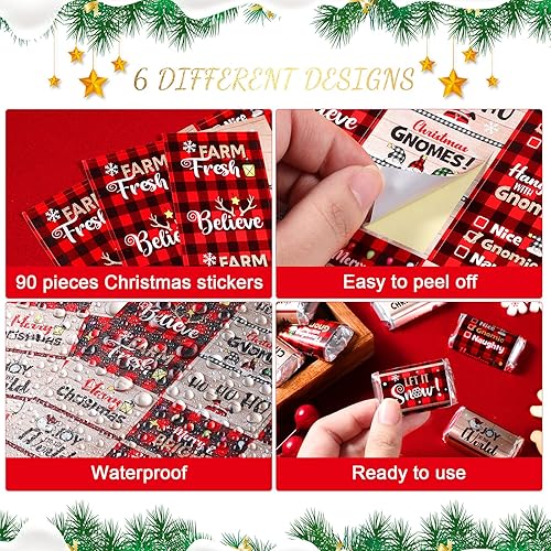 Miniatura 5 de 90 piezas de decoración de barra de caramelo de Navidad, a cuadros rojos y negros, mini chocolates de caramelo, calcomanías de envoltura de barra de