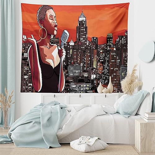 Miniatura 6 de Ambesonne Tapiz africano, cantante de jazz en el techo de Nueva York, paisaje urbano, música urbana, ilustración de ciudad popular, colgante de