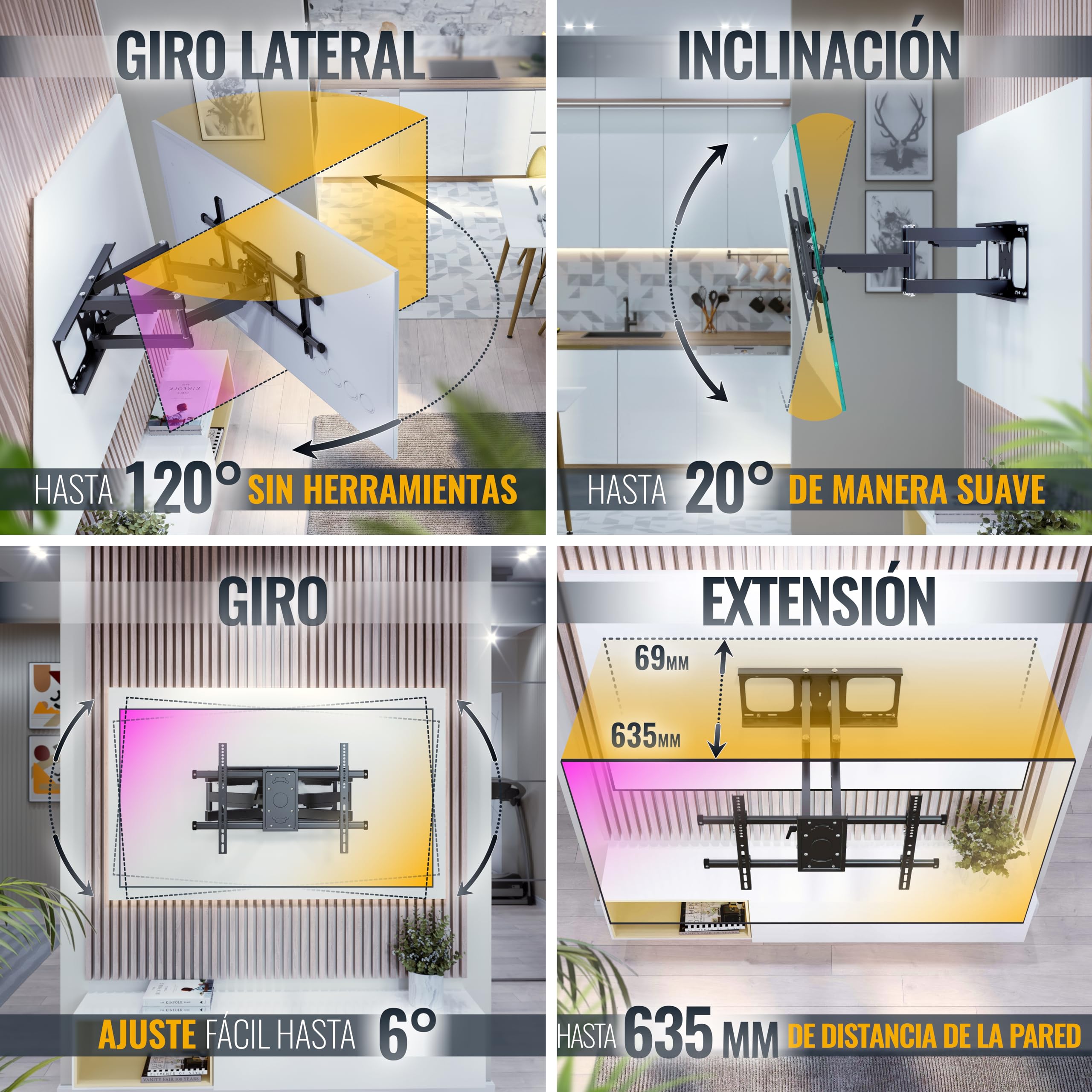RICOO Soporte TV Pared Giratorio Inclinable Televisión 42-75" (107-191cm) S4964 Brazo Universal Televisor LED/LCD/Curvo VESA 300x200-600x400