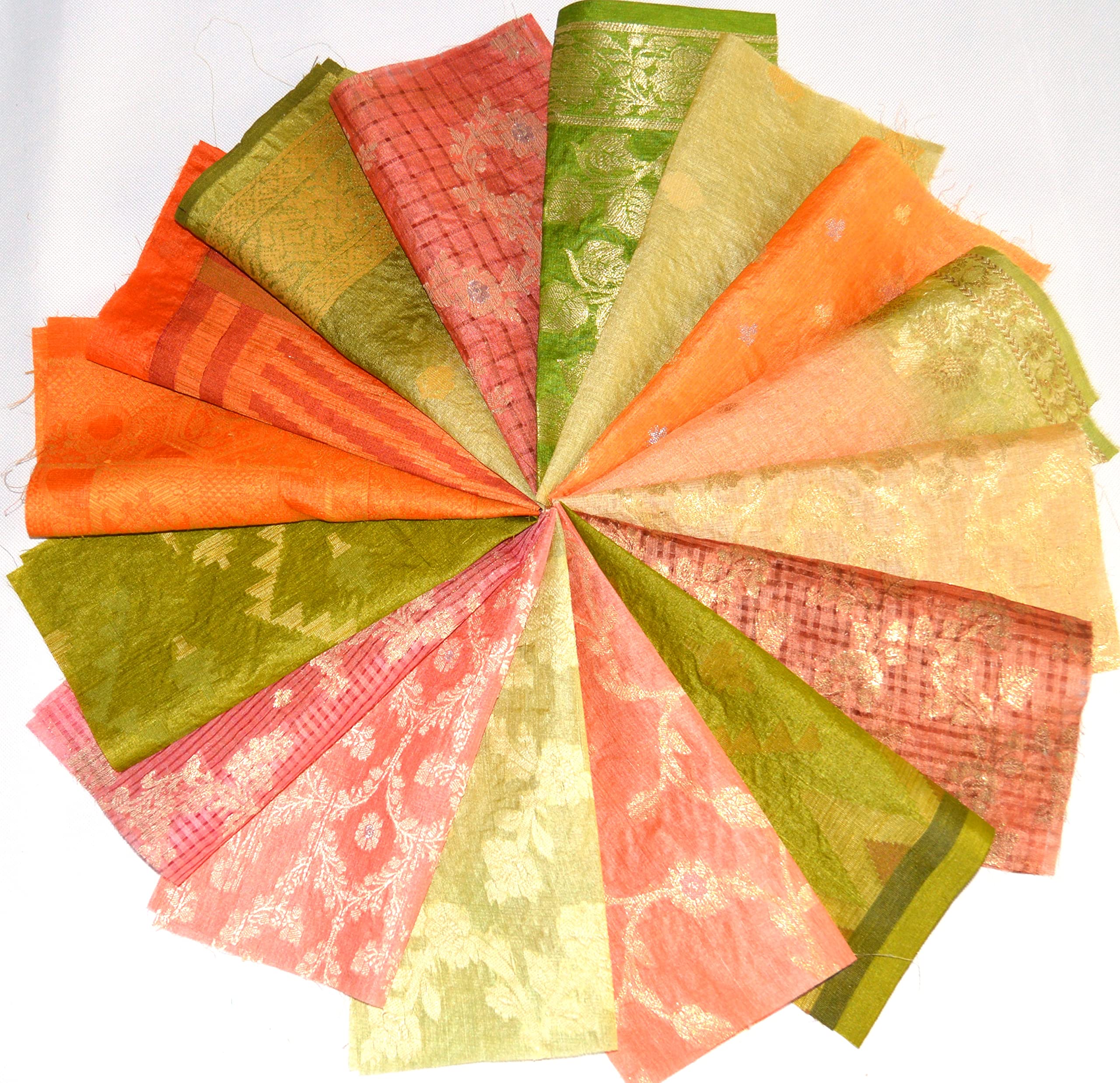 Orange Green 16 Pieces Recycled Vintage Silk Sari Remnants Craft Fabric Card Making Collage Mixed Media Textile Art Sewing Junk Journals