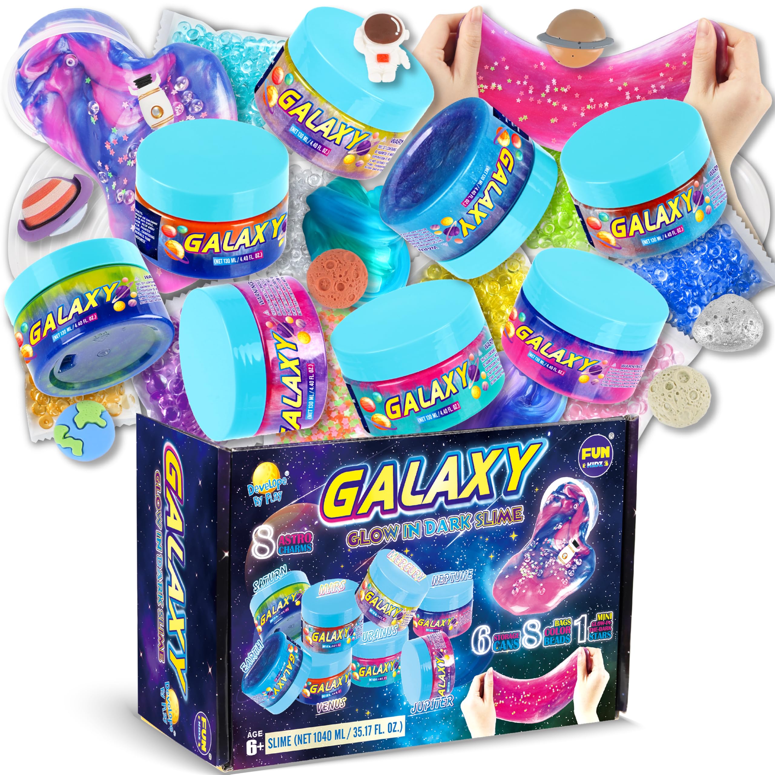 35.16 FL OZ Galaxy Glowing Slime for Kids, FunKidz 1040ML Premade Space Slime 8 Packs Toy for Girls Slime Kit with Neon, Glow, Metallic Fun Boys Craft Great Party Gifts
