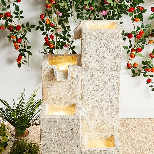 Miniatura 7 de Glitzhome Fuente de agua para exteriores de 34 pulgadas de alto con luz LED y bomba, columna cuadrada geométrica de terrazo sintético vintage,