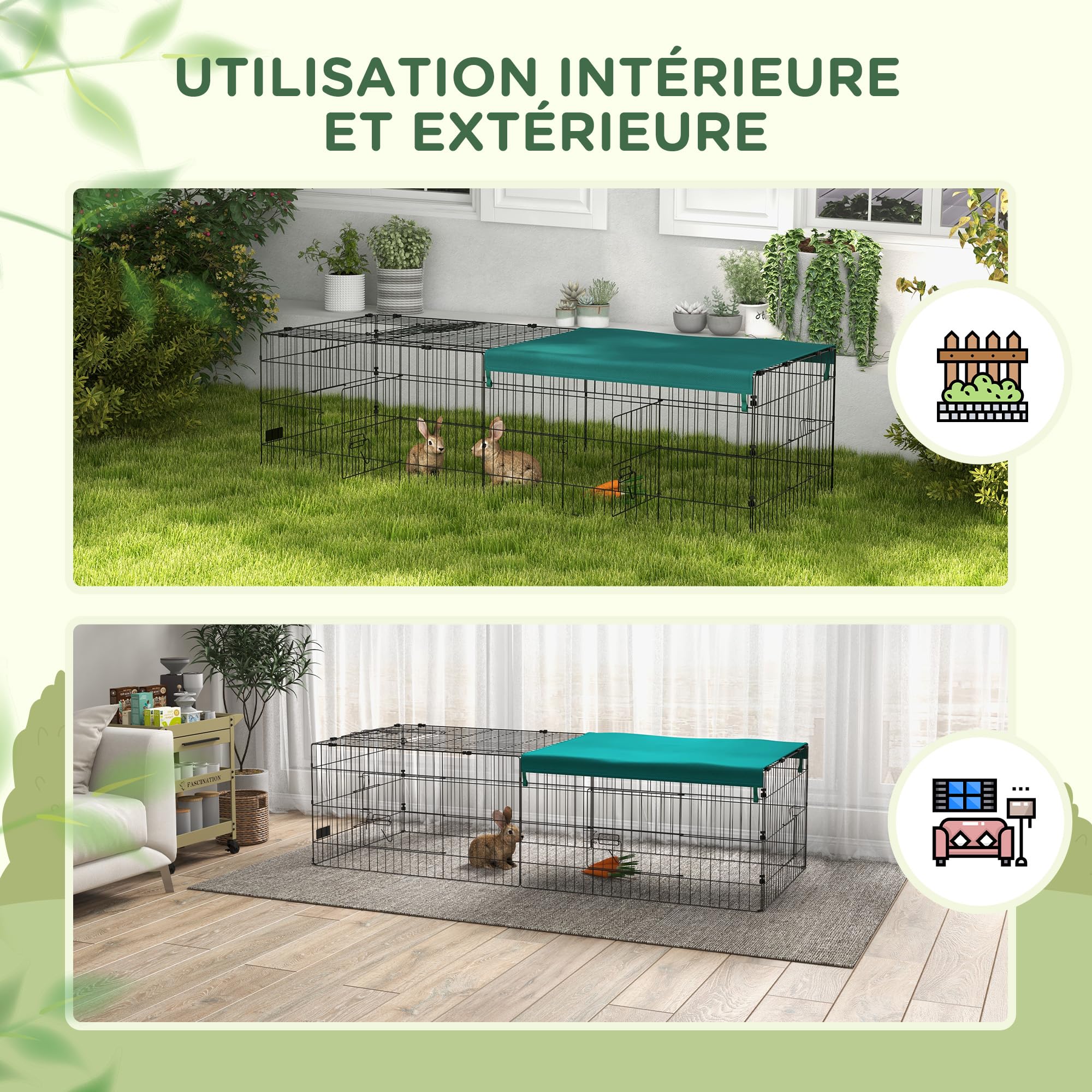 PawHut Parc enclos modulable Acier avec bache pour Lapins rongeurs Petits Animaux 185x75x50 cm Vert