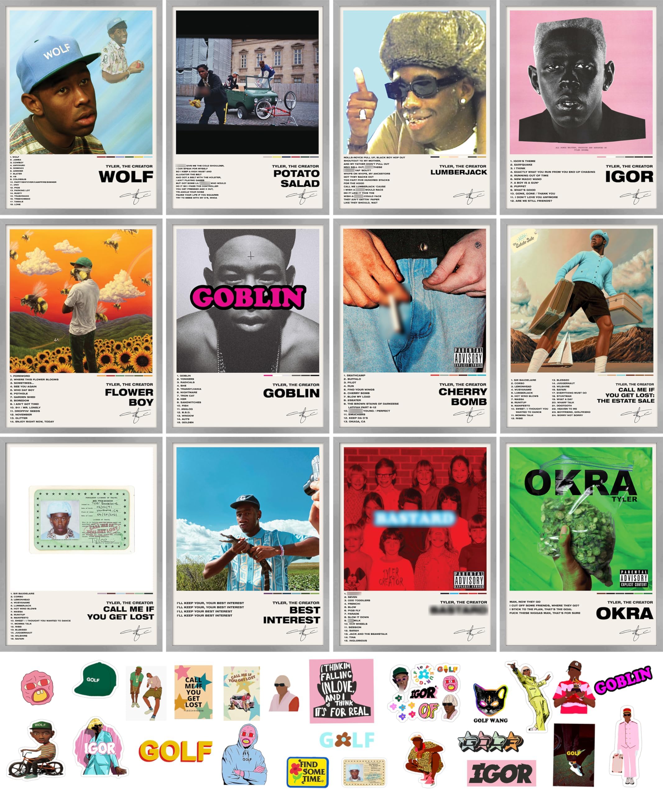 unique america 12 Pcs| Posters, Album Cover Posters, Tyler The Creator, Music Posters, Album Covers For Wall Decor, Tyler The Creator Poster 12x16” Total 12 Poster & 25 Stickers White Design Unframed
