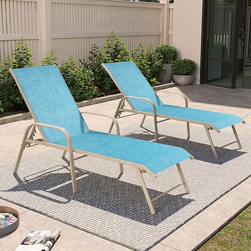 Miniatura 8 de Crestlive Products Silla de Tumbona de Exterior con Respaldo, Juego de Sillas de Piscina de 2, Tumbona de Bronceado Ajustable de Aluminio con 5