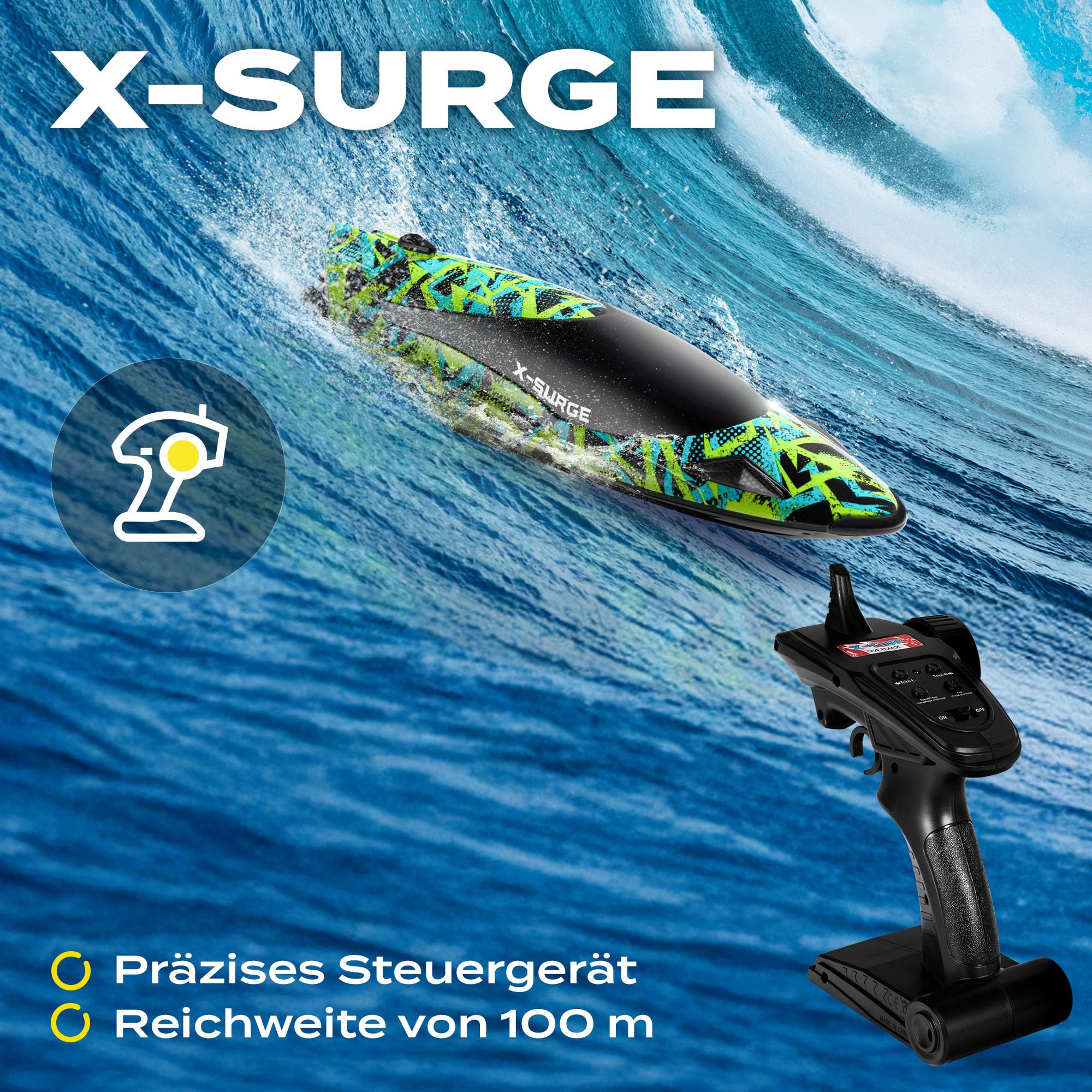 Overmax X-Surge Ferngesteuertes RC Speedboat Rennboot mit LED 35 km/h | 1200 mAh Akkus 30 Minuten Spaß Geschwindigkeitskontrolle Reichweite bis zu 100 m, EIN Spielzeug für Pool und See