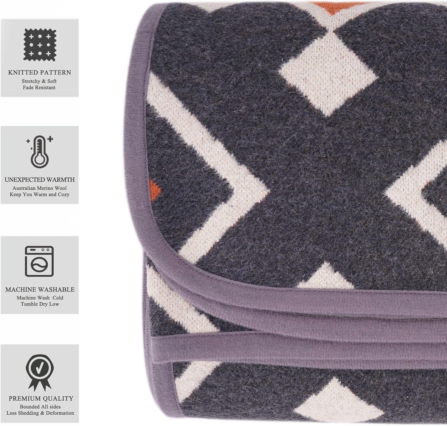 PuTian Merino Wool Blanket - 87" x 63" Thick Warm Soft Large Bed Throw - Great for Camping, Outdoors, Travel, Car, Couch, All Seasons, Grey Chcek - Image 4