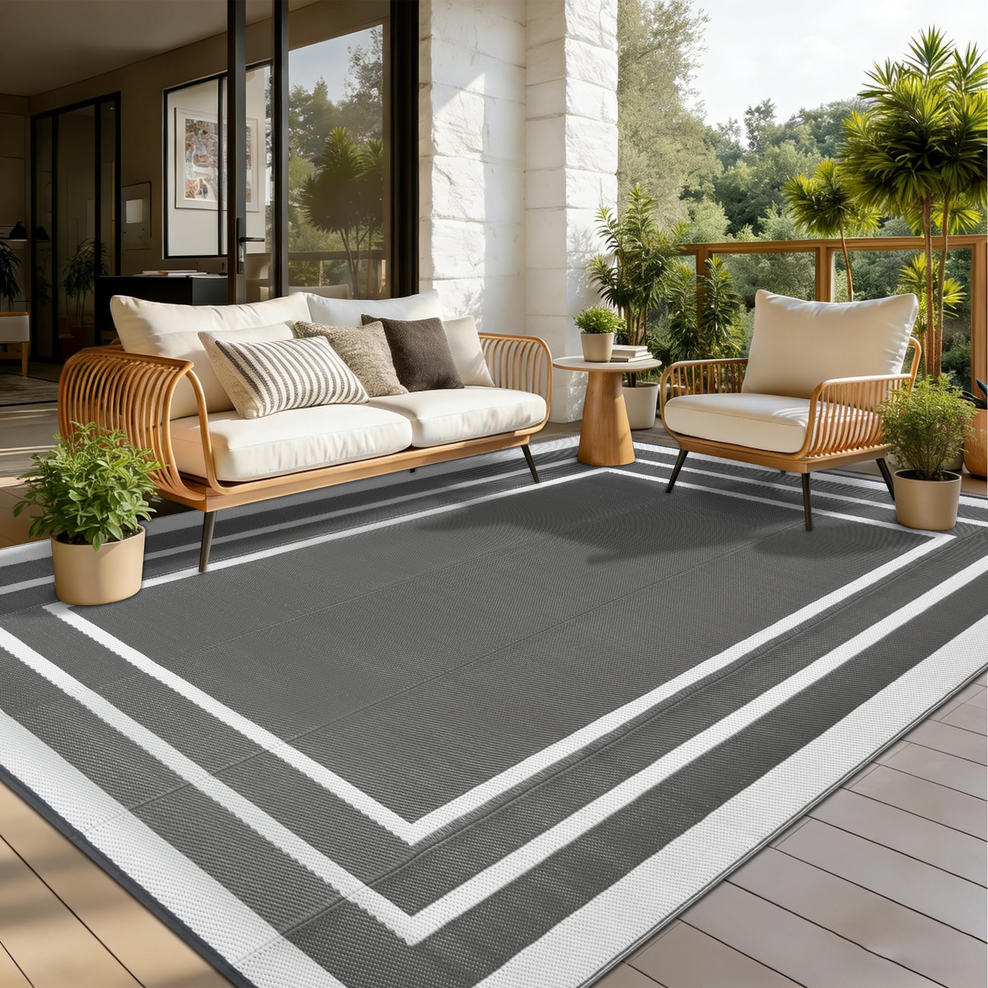 Outdoor Rugs for Patios Grey 150x245cm Waterproof Plastic Picnic Blanket Reversible Garden Rugs Outdoor UV Resistant Lightweight Camping Mat for Beach Balcony Deck Backyard RV BBQ