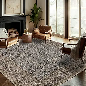 Washable Area Rug 8'x10' Retro Boho Design Non-Shedding Non-Slip Easy Care Ideal for High Traffic Areas in Living Room Bedroom Office Coffee Table Kitchen Large Carpet