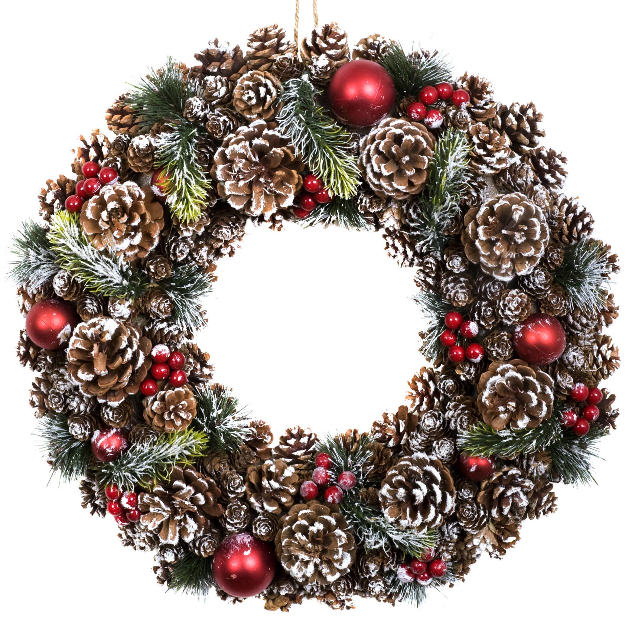 GreenBrokers Christmas Hanging Wreath 48cm - Festive Pine Cone Display with White Frosting