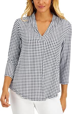 Charter Club Womens Beige Printed Long Sleeve V Neck Blouse Natural Size Petite Small main image 0