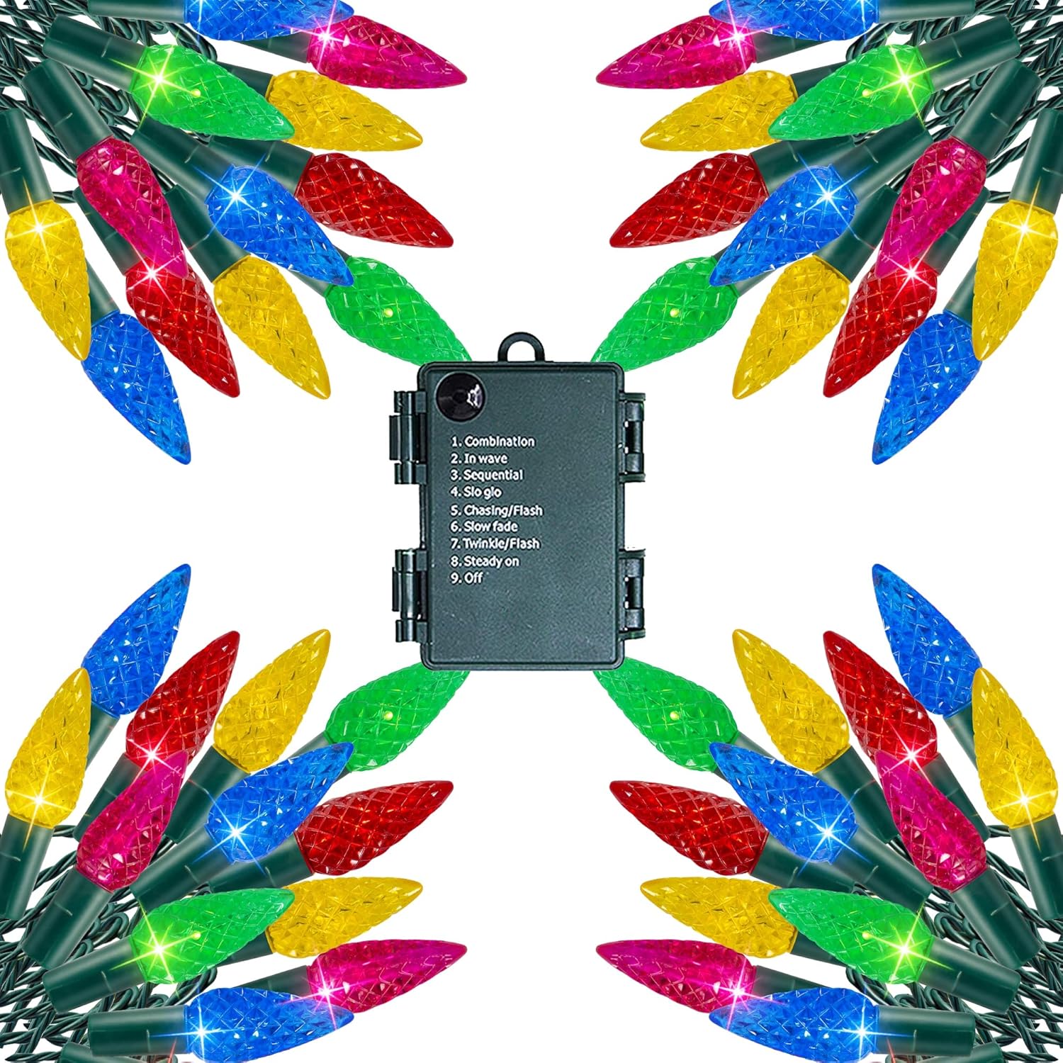 Dazzle Bright C6 Battery Operated Christmas Lights, 4 Pack Total 200LED 68FT Multi-Colored Lights with 8 Modes, Waterproof Christmas Decorations for Xmas Indoor Outdoor Yard Tree House Decor