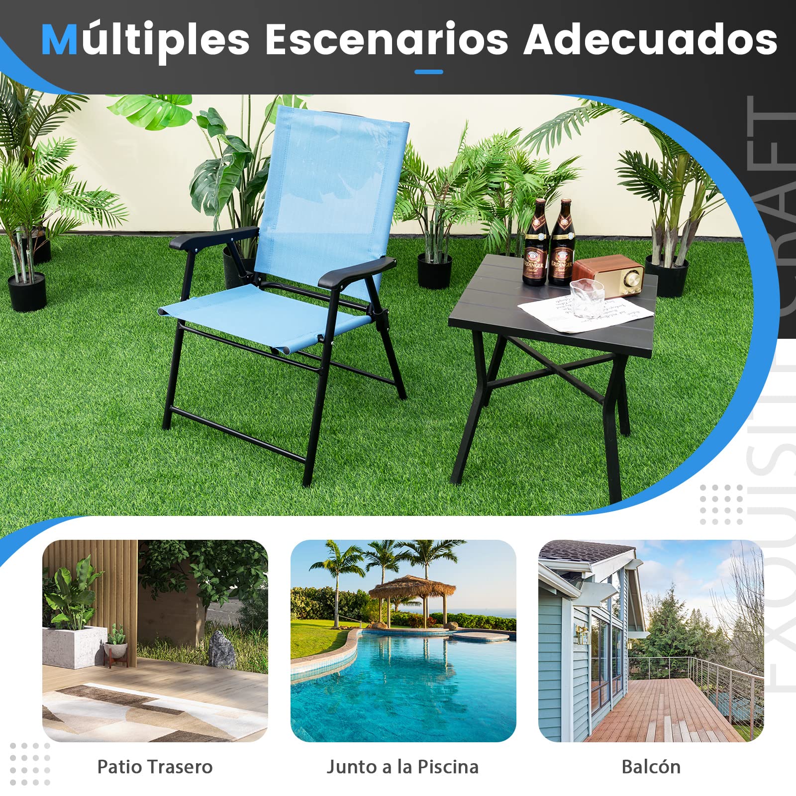COSTWAY Set de 2 Sillas de Jardin Plegable, Silla Plegable Camping con Respaldo de Tela y Resabrazos, 2 Sillas Terraza Exterior, 65 x 60 x 93 cm, Terraza, Patio Trasero, Piscina Camping (Azul)