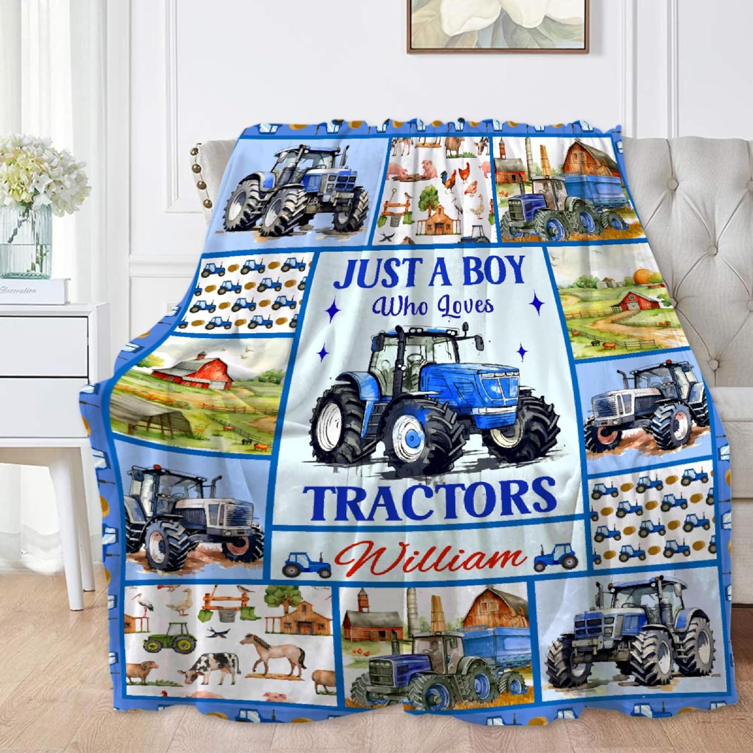 Custom Just A Boy Who Loves Tractors Blankets Gifts for Birthday Son On Bed Sofa,Personalized Premium Flannel Blankets for Christmas Thanksgiving, All Season Use 50''x 60'' -M