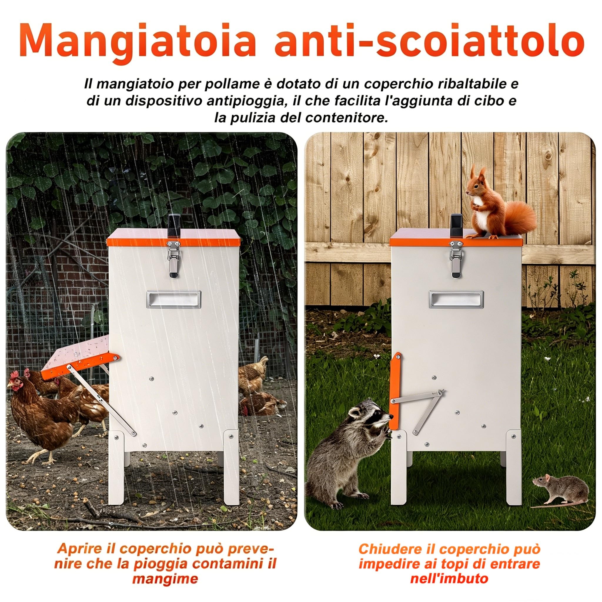 Mangeoire Automatique pour Poules avec Pieds Surélevés, Distributeur de Nourriture en Métal de 15KG, Installation Suspendue Possible, Solide et Durable