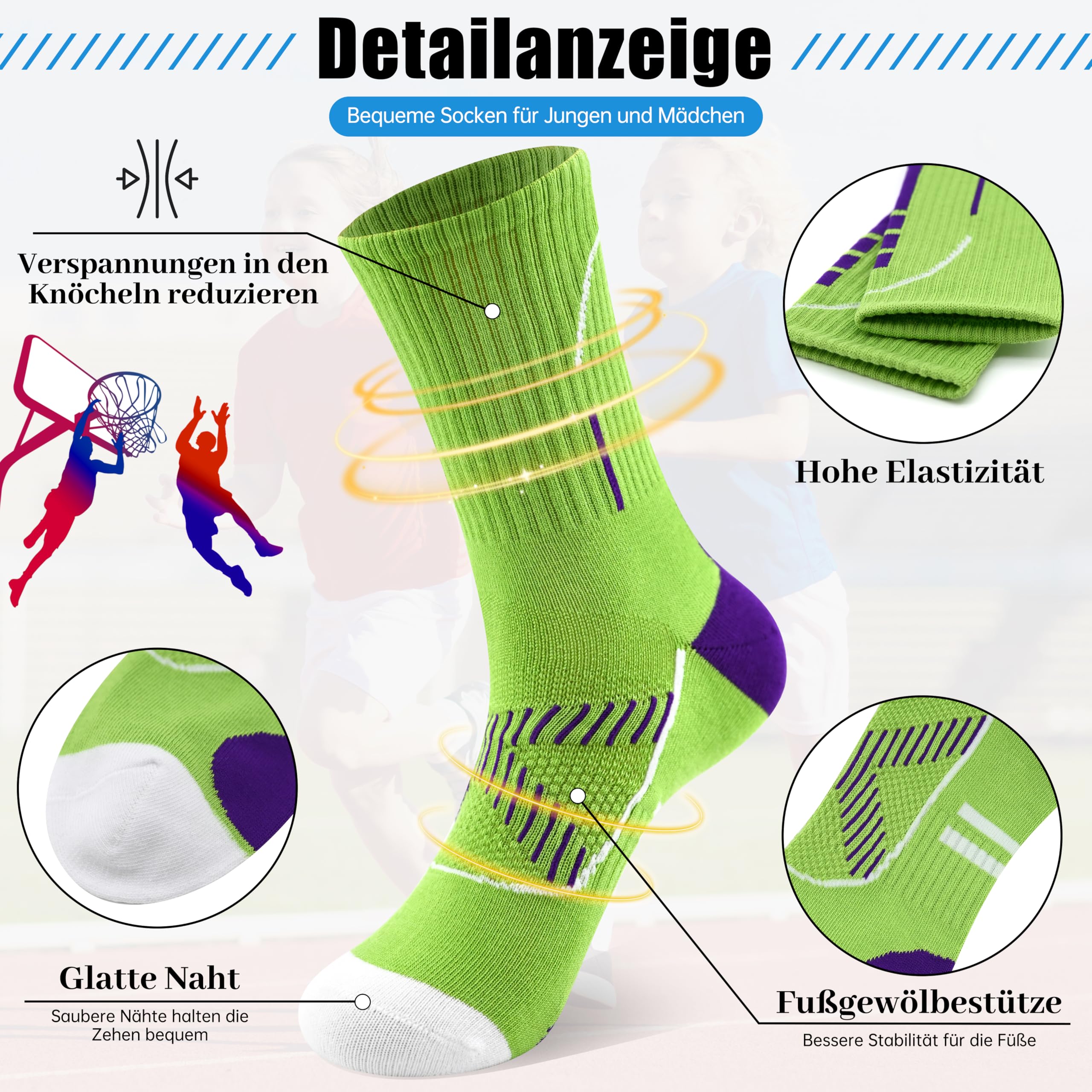 HYCLES Lot de 6 paires de chaussettes de basket-ball en coton respirant pour garçons et filles pour football, rugby, tennis de 6 à 16 ans