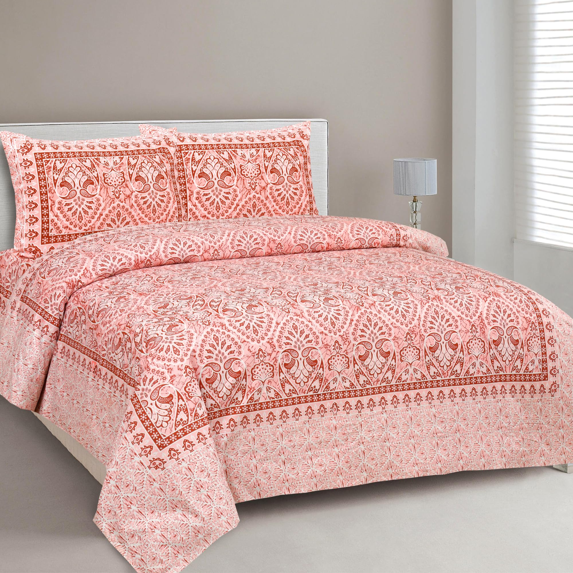 PAVLON Traditional Rajasthani Jaipuri Ethnic Bedsheet | Kali 90” x 108” Inches Pure 100% Cotton Double Bed King Size | 180 TC Bedsheet with 2 Pillow Covers | Handmade Ethnic Bedding (Orange)