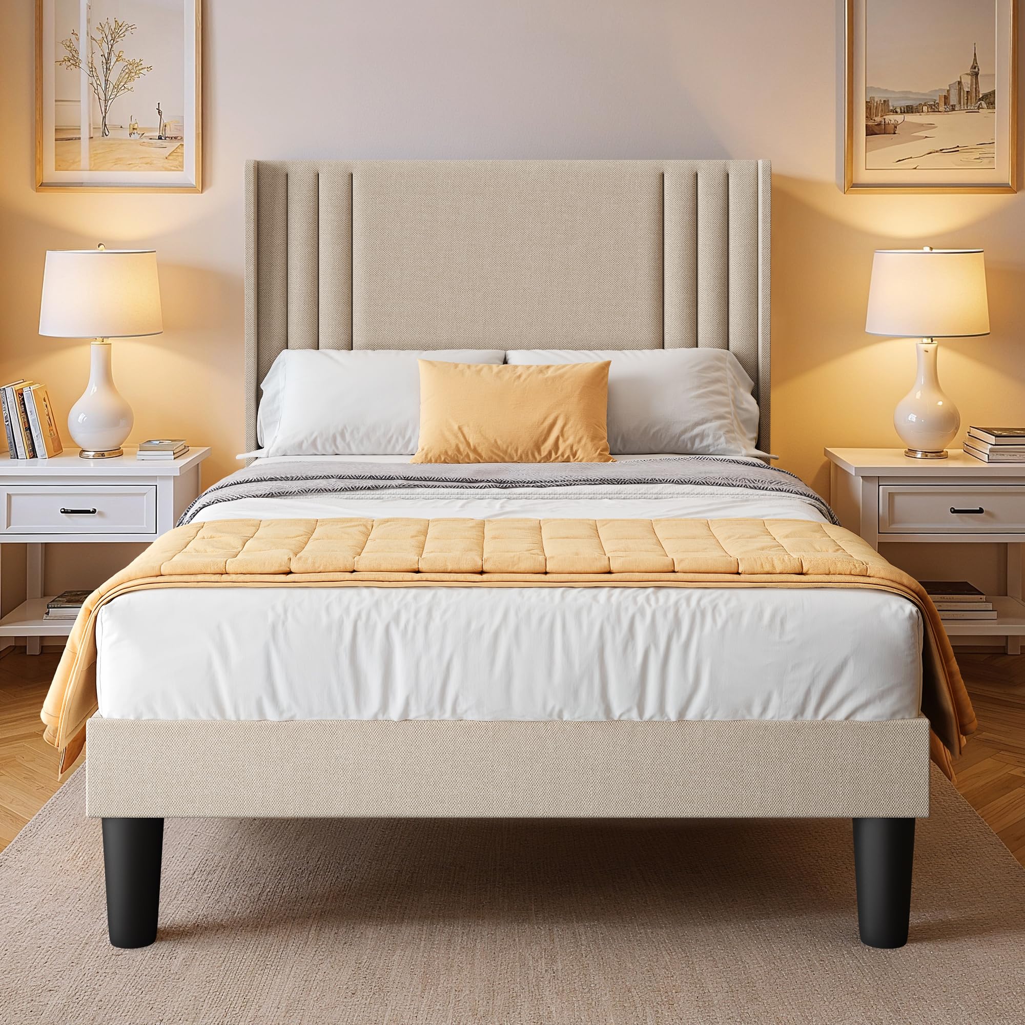 Letto imbottito 120 x 200 cm, con testiera e rete a doghe, robusto letto in tessuto per ragazzi e camere degli ospiti, struttura imbottita,Beige