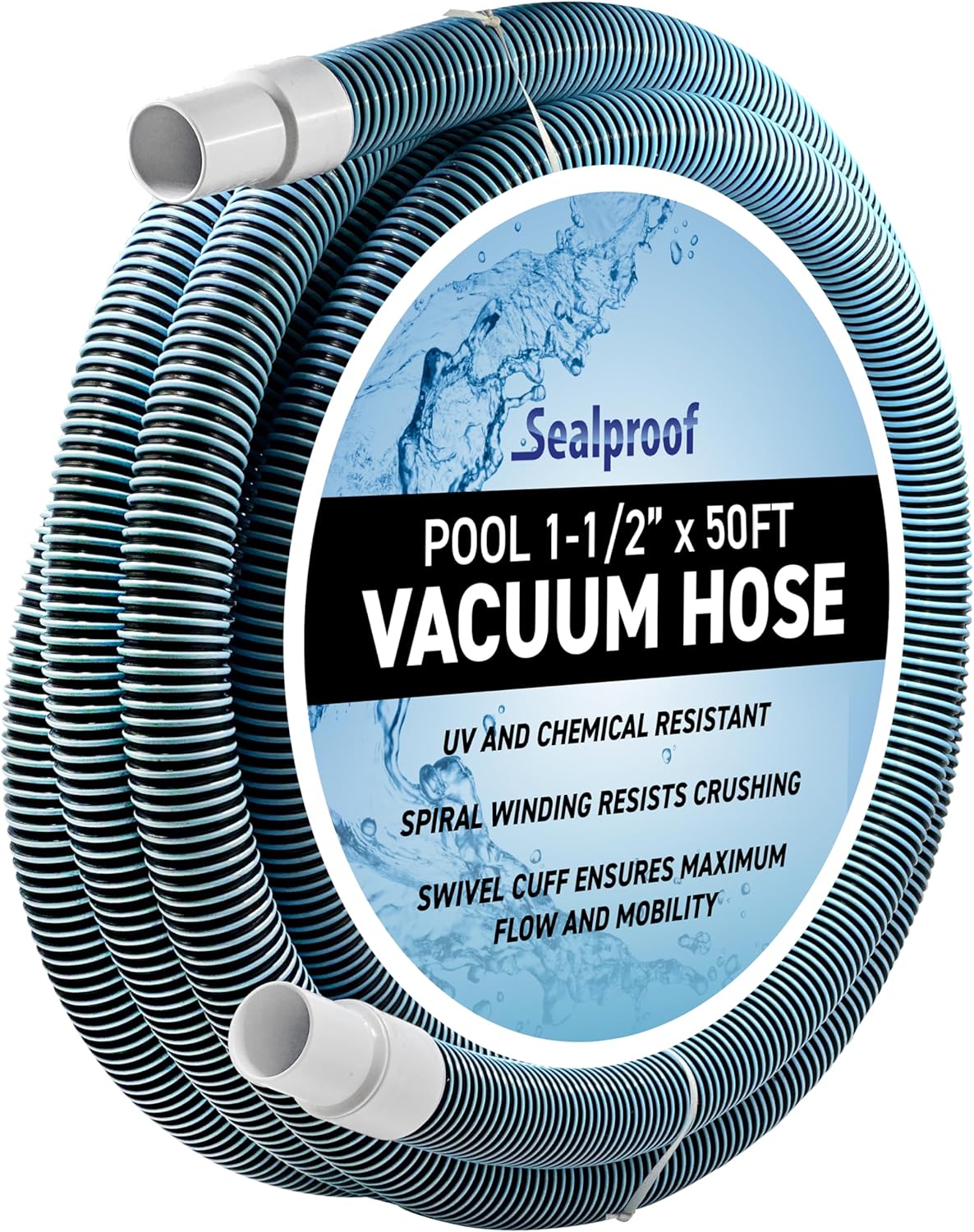 Swimming Pool Vacuum Hose 1-1/2" x 50-Ft, Swivel Cuff Kinkproof Design, Made in USA, Connects to Vacuum Head, Skimmer, Filter Pump for Cleaning In Ground and Above Ground Pools
