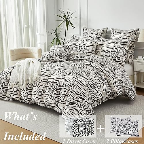 Miniatura 2 de FADFAY Juego de funda de edredón de cebra, tamaño Queen, 100% algodón, estampado de animales en blanco y negro, 3 piezas con cierre de cremallera y