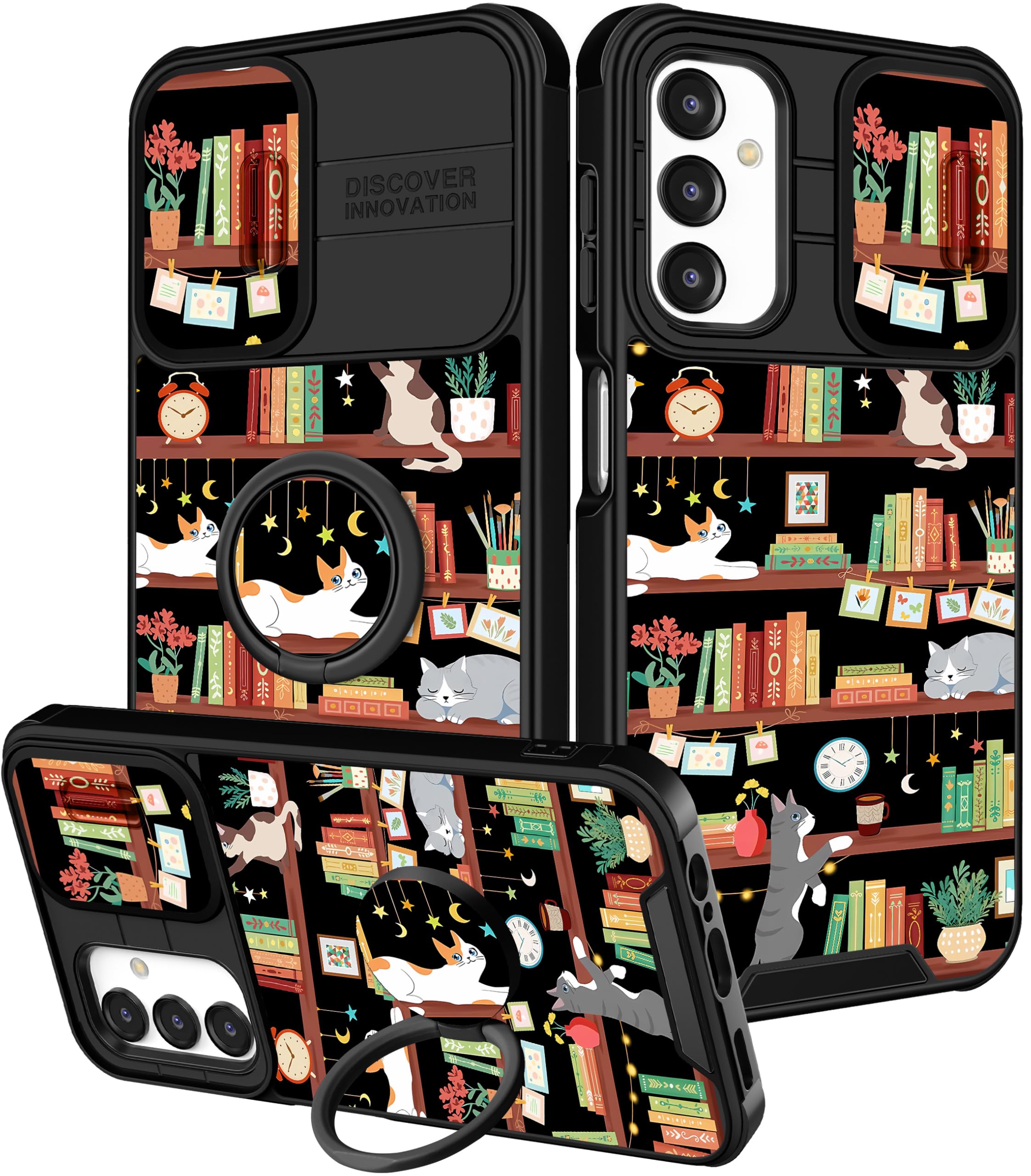 Funermei Custodia per Samsung Galaxy A14 5G - Cover per telefono carina per donne e ragazze, graziosa estetica con gatto, libreria, design unico con custodia per fotocamera e anello di supporto Funda