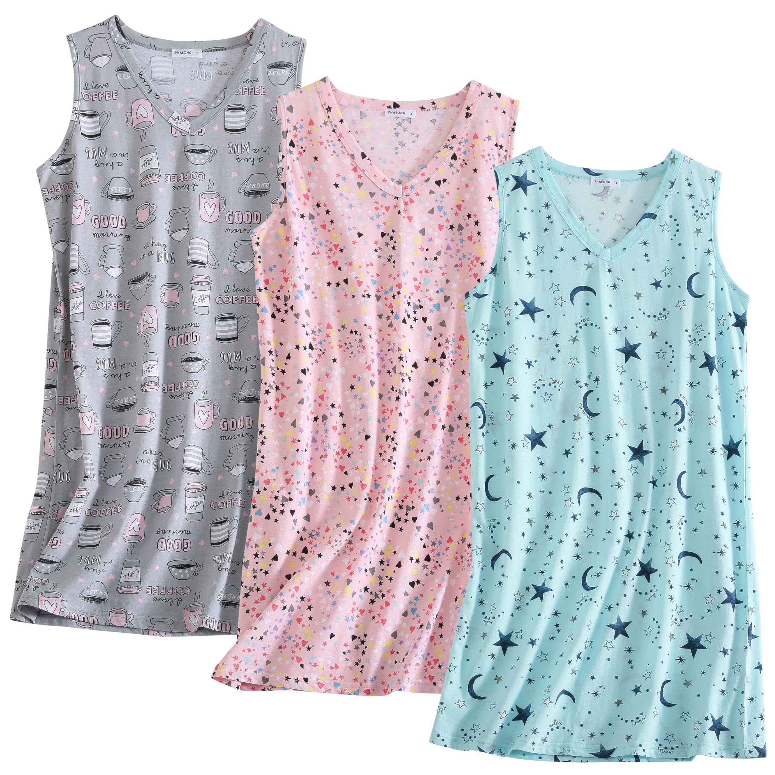 PNAEONG 3 Pack Womens Cotton Nightgown V Neck Nightshirts Sleeveless Sleepwear Casual Print Sleepdress