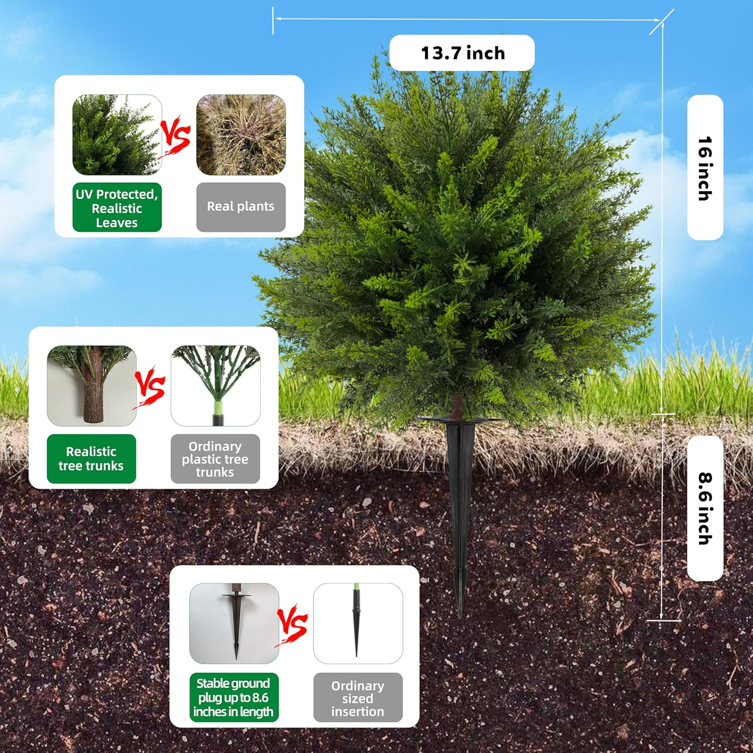 24.5 Inch (H) Artificial Cedar Topiary Ball Trees, Set of 4 Fake Shrub Bushes with Ground Spike, UV Resistant Faux Cypress Greenery Decor for Outdoor Garden, Patio, Front Porch, and Indoor Use