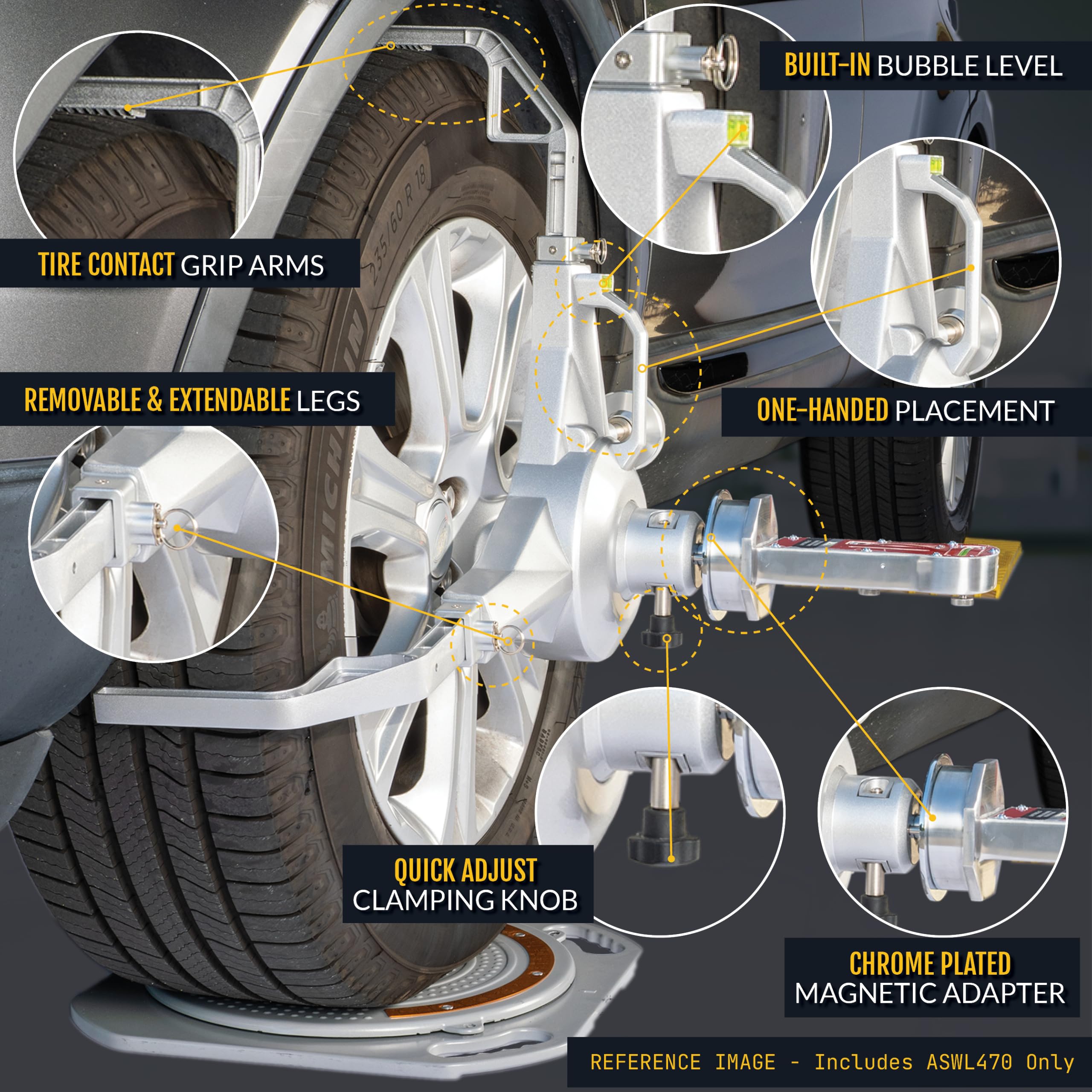 Abrazadera de Neumático para Alineación de Ruedas, Rango 47-110 cm (18,5"-43,3") de Diámetro, Placa Adaptadora Magnética para Medidores de Camber y Caster