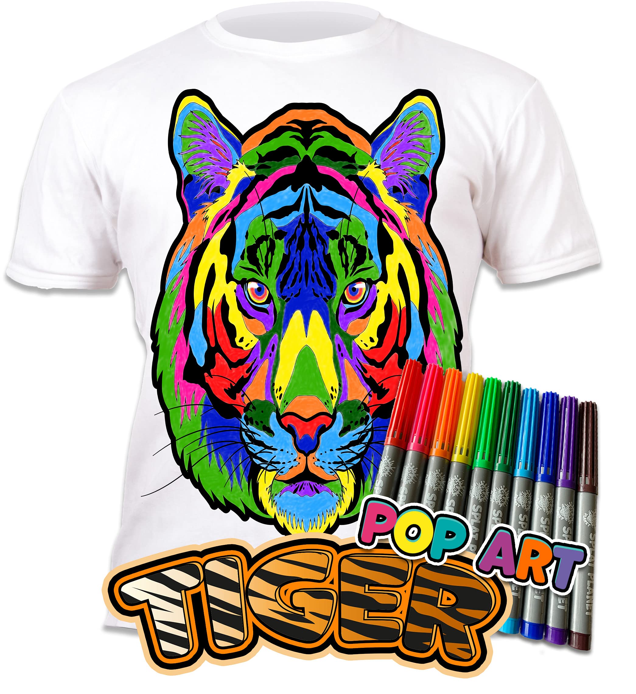 Splat Planet Colour-in Tiger Pop Art T-Shirt with 10 Non-Toxic Washable Magic Pens - Colour in and Wash Out T-Shirt (3-4 Years) White - Image 2