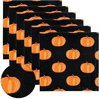 PurpleEssences Fall Pumpkin Harvest Thanksgiving Cloth Napkins 18x18 Inch, Set of 6 - Reusable, Washable Dinner Napkins for Home, Kitchen & Parties - Halloween Pumpkin