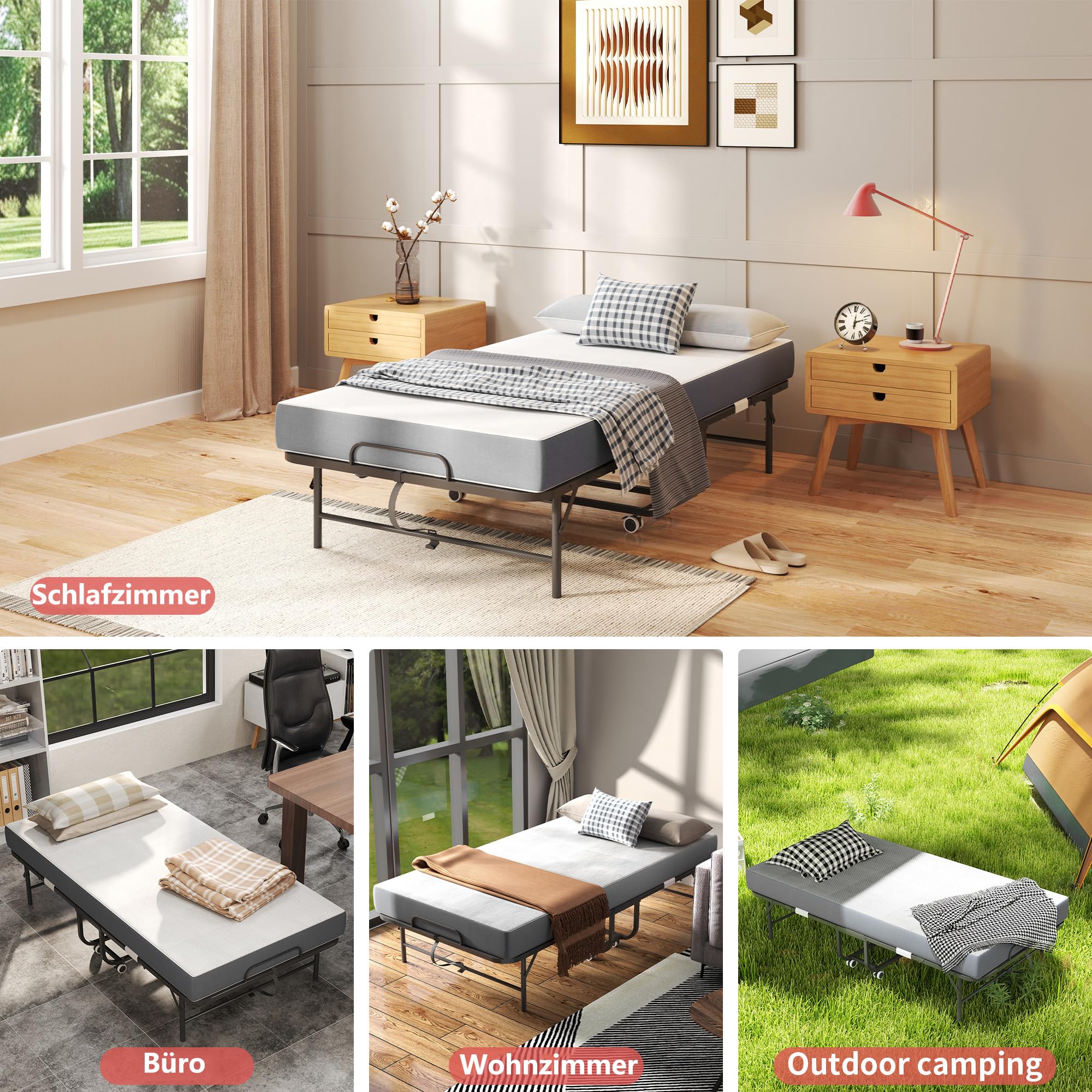 IKIMI 96x190cm Klappbett mit 12cm Dicker Memory-Schaum Matratze und 4 Laufrollen & Cover, Robuster Gästebett Klappbar Reisebett Erwachsene Faltbett Langlebiger Metallbett,Belastbar bis 200kg