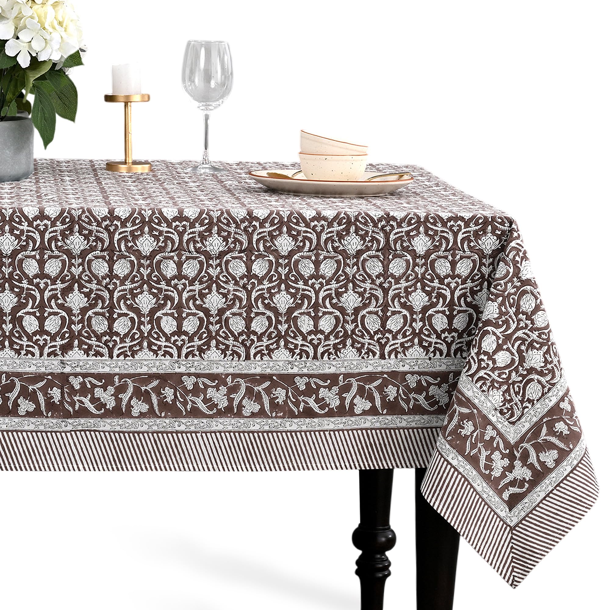 CPC Mocha Regal Block Print 100% Cotton Rectangle Tablecloth 70x118 Inch
