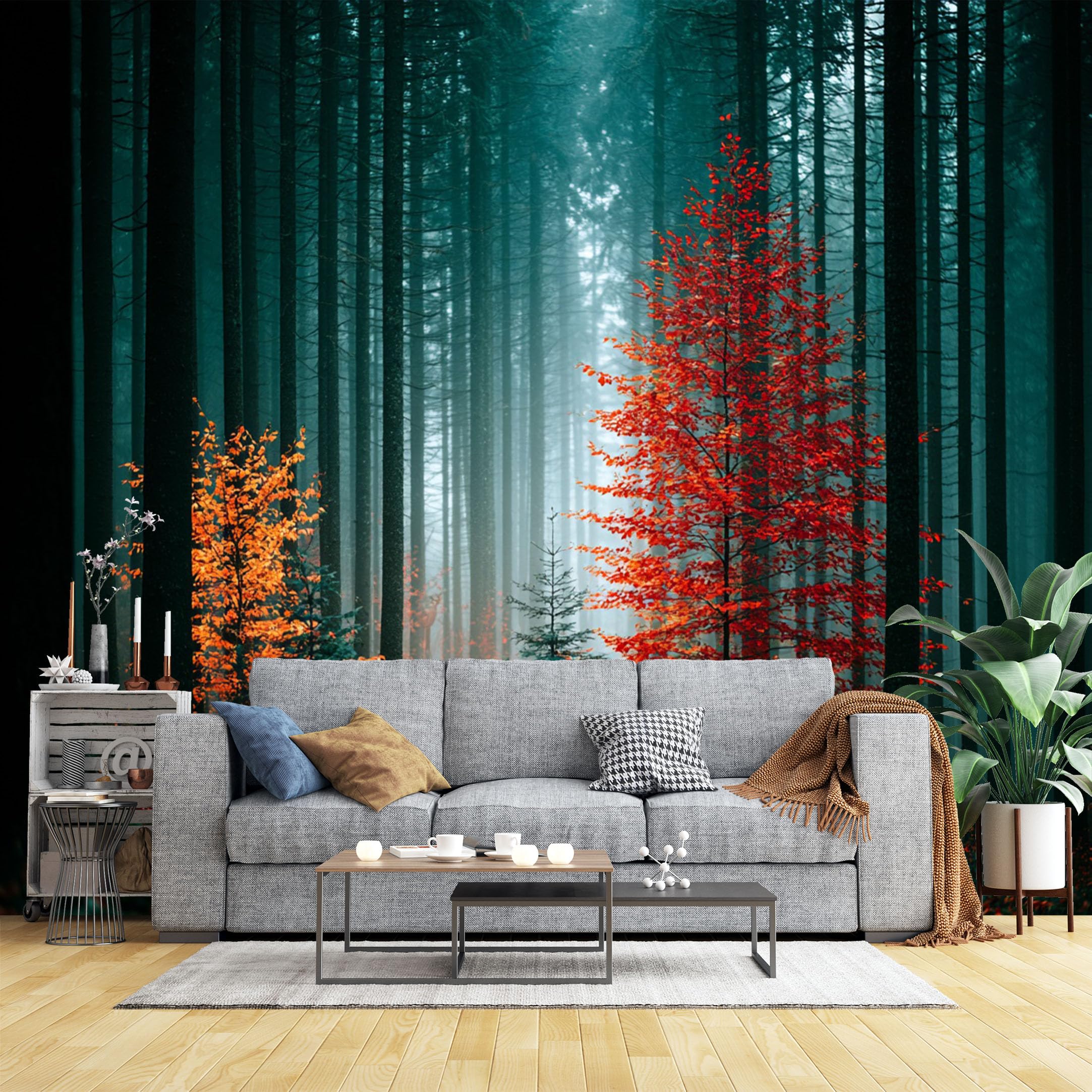 Custom Size Wall Murals Teal Forest with Red Autumn Trees Wall Murals Moody Landscape Wallpaper, Full Wall Self-Adhesive Removable Wallpaper for Bedroom