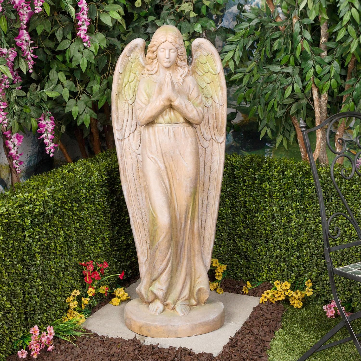 Alpine Corporation QFC101-201 Old World Praying Angel Statue w/Mossy Finish, Décor for Garden, Patio, & Lawn, 47" H
