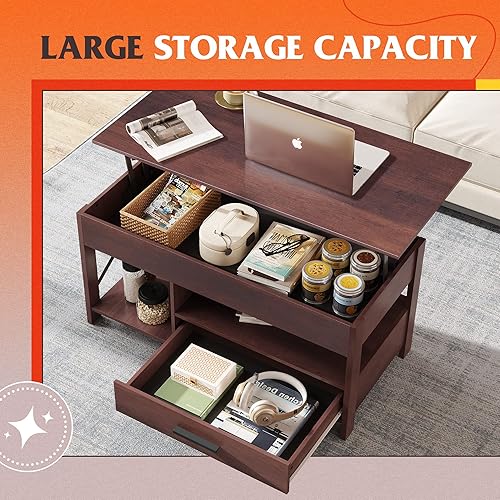 Miniatura 5 de WLIVE Mesa auxiliar elevable, mesa auxiliar de 39 pulgadas con cajones de almacenamiento, compartimento oculto, mesa central de madera para sala de