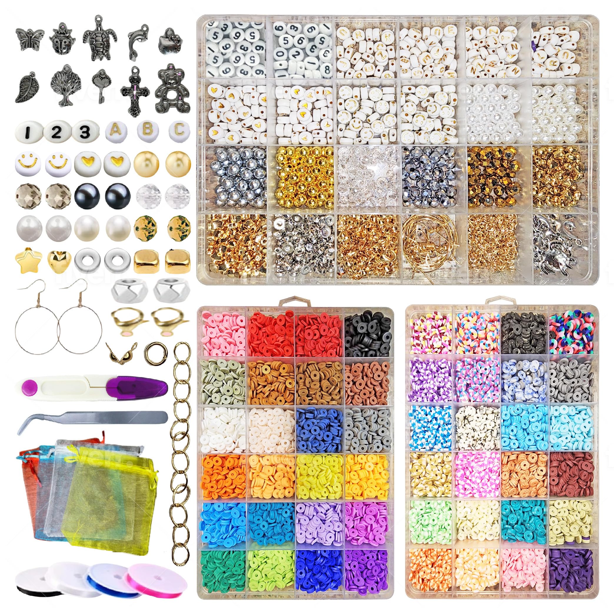 Generic ISHAW 9600 Pcs Clay Beads for Bracelet Making, 48 Colors Flat Round Polymer Clay Beads Spacer with Charms Jewelry Pocket Gift Bag and Elastic Strings for Jewelry Making