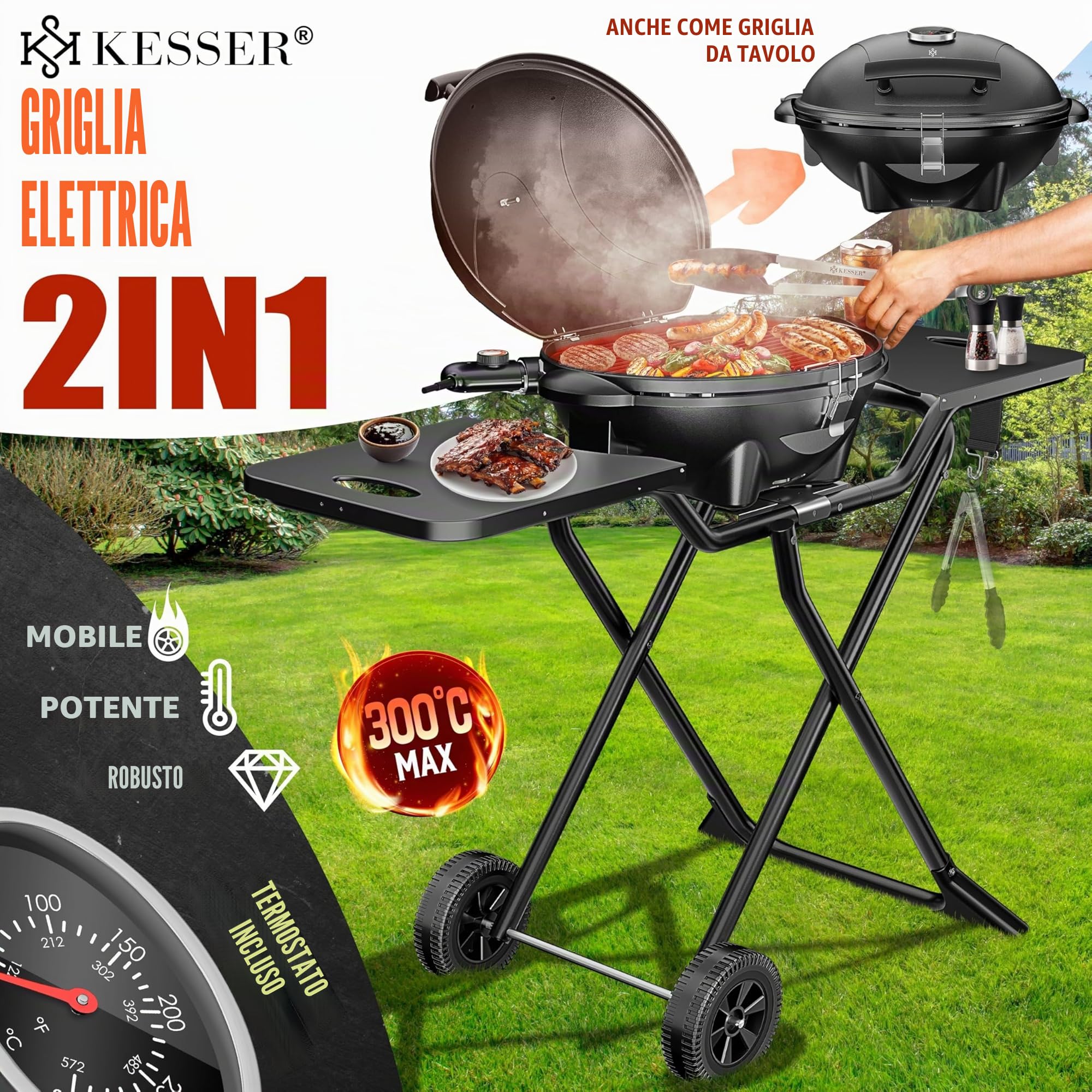 KESSER® Barbecue elettrico 2in1 Barbecue da tavolo, barbecue con coperchio e piedistallo | 2400 W max | pieghevole | termometro | rivestimento antiaderente | piastra della griglia ripiani di appoggio