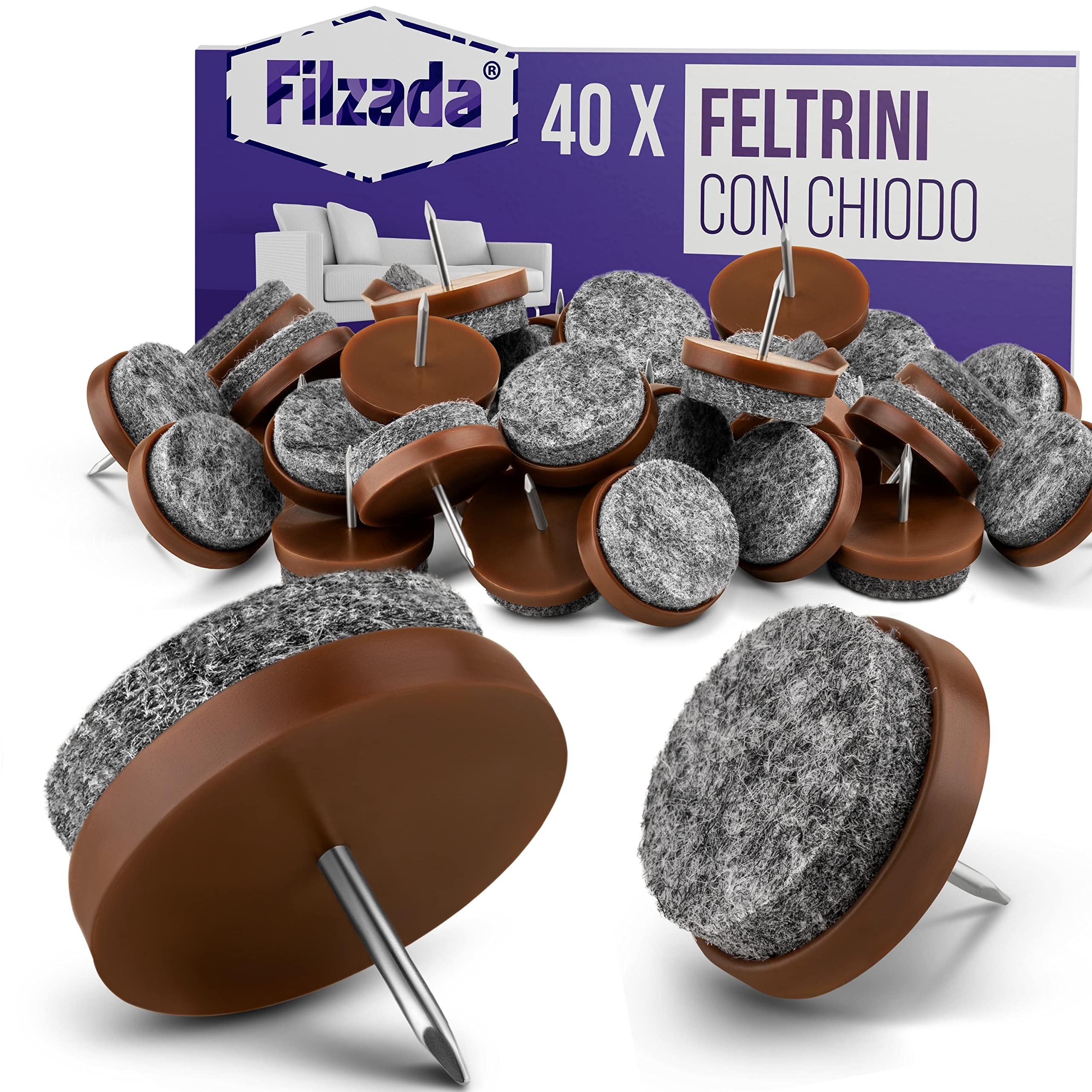 Filzada® 40x Feltro aliante con chiodo - Ø 24 mm (marrone) - Scivoli per mobili professionali/scivoli per sedie in feltro da inchiodare