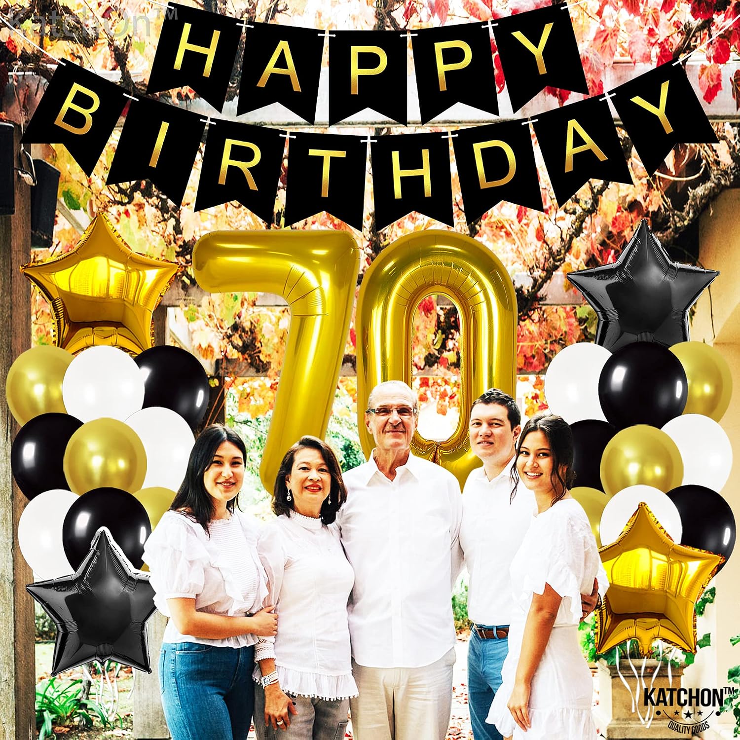 Gold 70th Birthday Decorations for Men Kit – Large, 40 Inch | Black and Gold Happy Birthday Banner with Mylar Star and Latex Balloons | Gold 70 Balloon Numbers for 70 Birthday Party Decorations Set