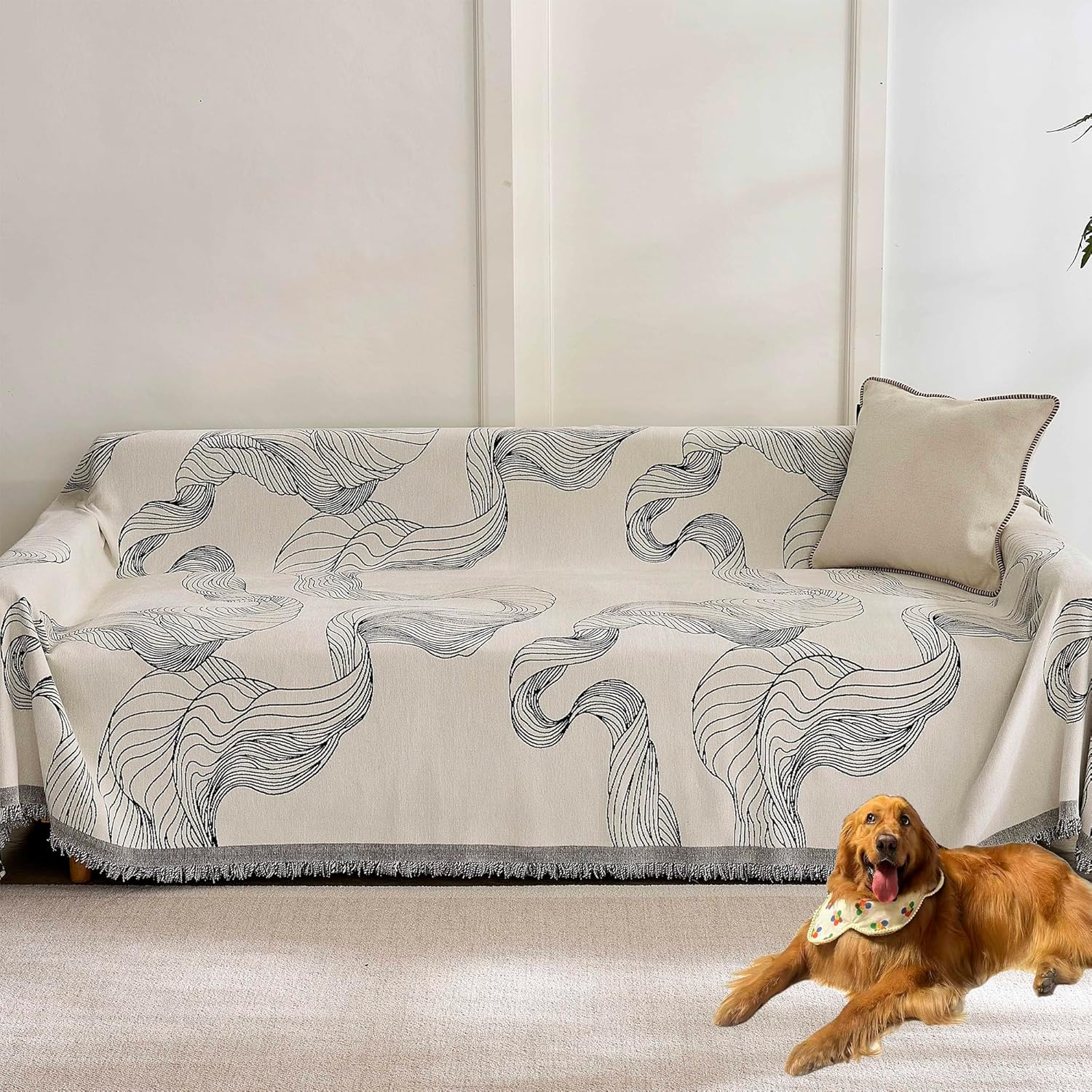 boho couch cover for 2 cushion couch non slip thick chenille sectional sofa cover soft furniture protector sofa slipcover for dogs pet loveseat cover for living room,black, 71"*102" 71"*102" black