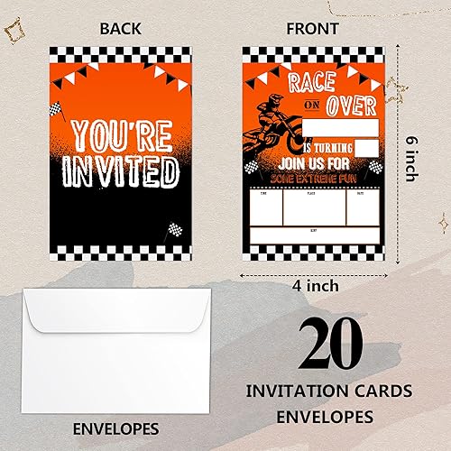 Miniatura 2 de Tarjetas de invitaciones de cumpleaños de motocross con sobres (20 unidades), suministros de fiesta de cumpleaños de motocross, invitaciones de