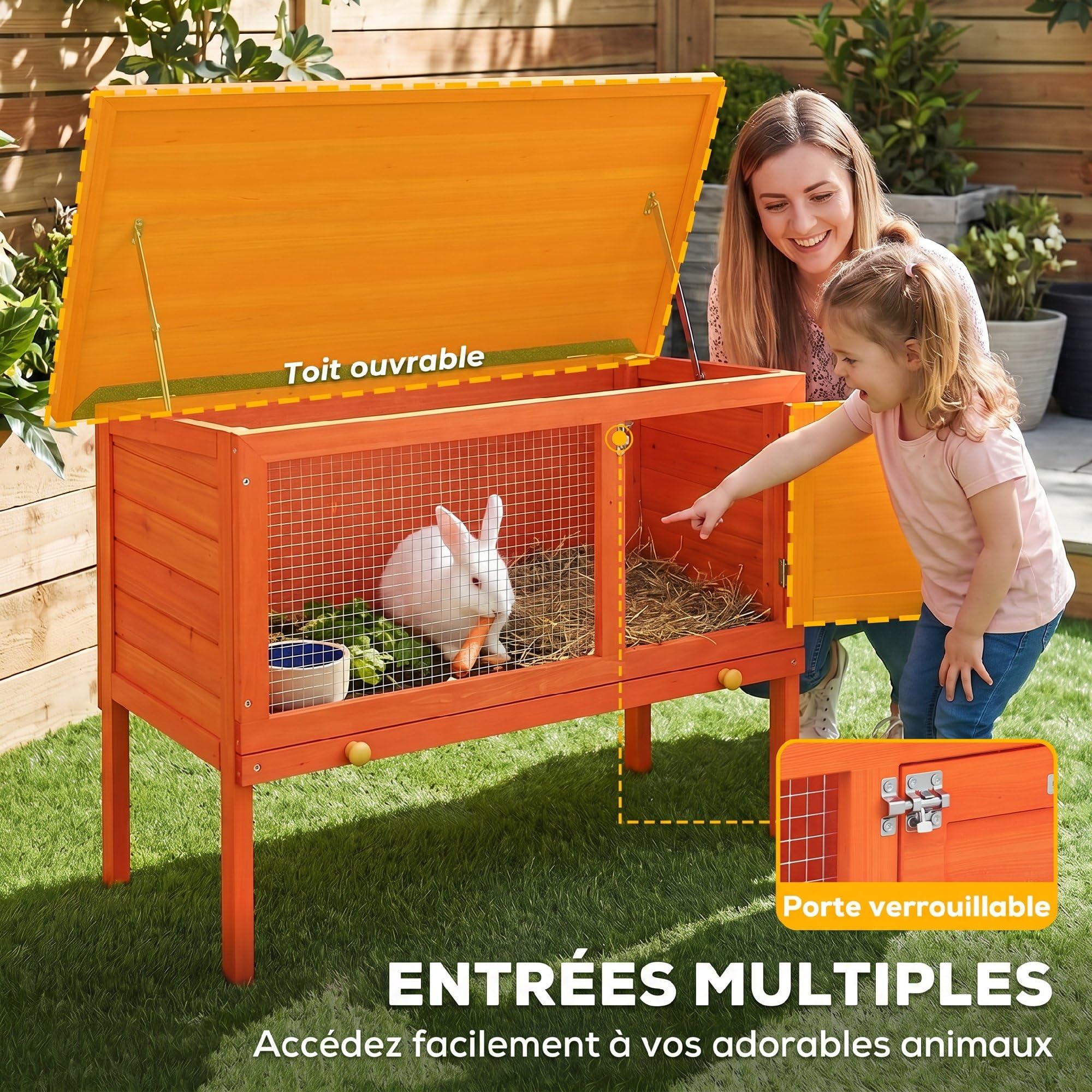 PawHut Clapier Lapin Extérieur en Bois de Pin Surélevé 90x45x65cm Orange | Cage à Lapin, Toit Ouvrable en Asphalt, Plateau Coulissant, pour Cochons d'Inde et Chinchillas